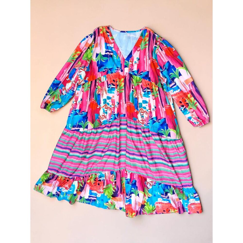 Plus Size 3X Vibrant Tropical Abstract Mixed Print Tiered Babydoll Dress